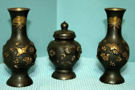 Pair of Japanese Bronze Vases and Minature Urn with Cover