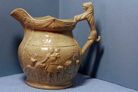 Victorian Drabware Jug with Lion Handle and Moulded Decoration