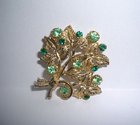 Large Vintage with Green Rhinestones and Goldtone Leaves