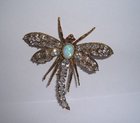 Vintage Art Nouveau Style Opal and Rhinestone Dragonfly Brooch