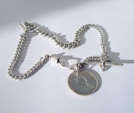 Antique Silver Albert Chain with Victorian Shilling Fob