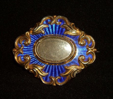 Victorian Blue Guilloch Enamel and Gold Mourning Brooch/Pendant