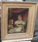 19th C oil on canvas, young girl with a dog