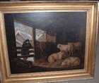 19th C Oil, Sheep in Stable Interior