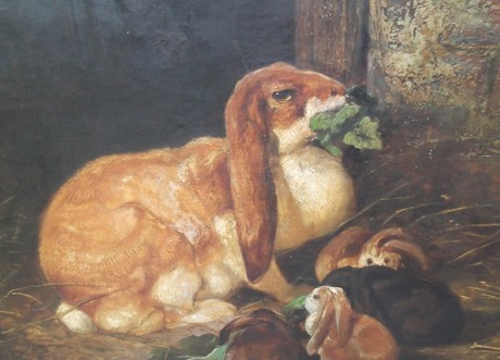 Early oil on canvas Rabbit and kits