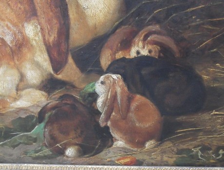 Early oil on canvas Rabbit and kits