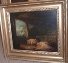 18th C oil on canvas, pigs in a sty