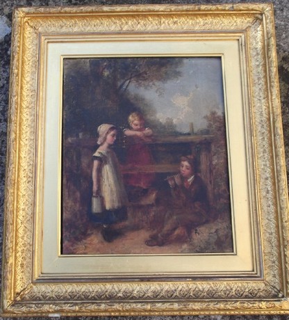 19th C oil on canvas, three Children