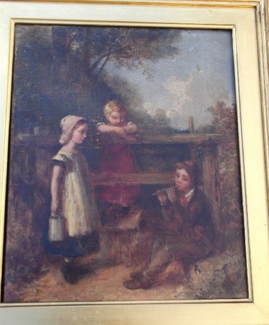 19th C oil on canvas, three Children