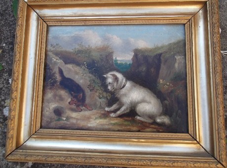 19th C oil on canvas, two Terriers