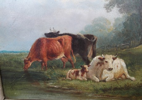 Oil on board, Cows in a river landscape