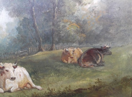 Oil on board, Cows in a river landscape