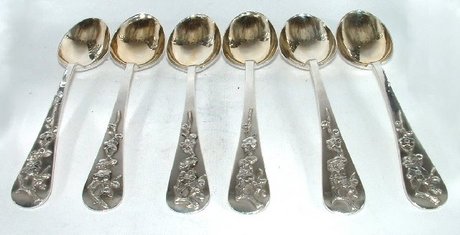 6 Silver Cherry Blossom Spoons. Maker Leeching Canton
