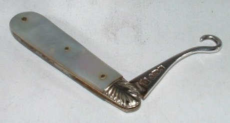 Silver & Mother of Pearl Button Hook. Maker. Isaac Ellis & Sons.