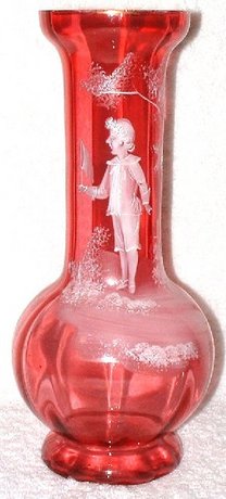 Cranberry Mary Gregory Glass Vase. Boy with Butterfly Net.