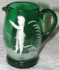 Mary Gregory Small Green Glass Jug