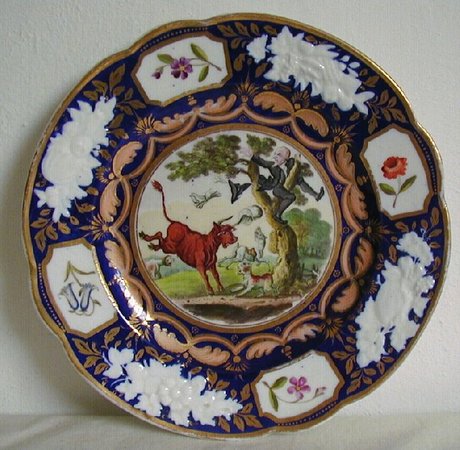  New Hall Porcelain Plate 'Dr Syntax Pursued by a Bull