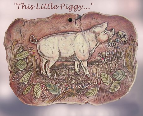'This Little Piggy ' Vintage Art Pottery Plaque Artist Signed