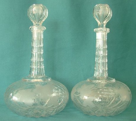 Pair of Late Victorian Cut and Grapevine Etched Decanters