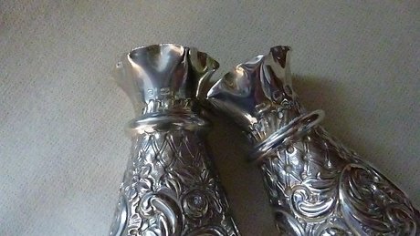 PAIR OF VICTORIAN MINIATURE SILVER VASES WITH REPOUSSE DECORATION