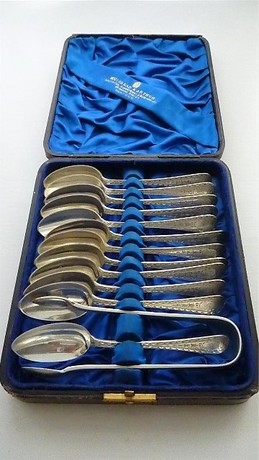 SET OF 12 SILVER SPOONS & TONGS, GLASGOW 1880