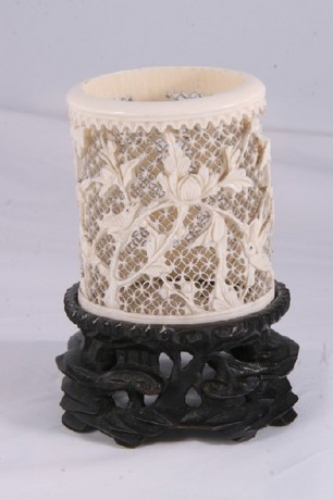 19th Century Antique Chinese Mimiature Carved And Pierced Ivory Vase 2.75
