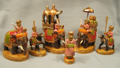 Spectacular large size decorated carved wood Indian Figural Chess Set