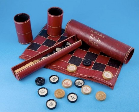Late C19th Backgammon, Chess & Draughts Traveling Games Tube by Jaques of London
