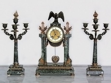 19th century French Napoleon III Green marble and bronze three piece clock set