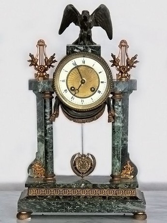 19th century French Napoleon III Green marble and bronze three piece clock set