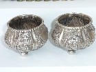 ANTIQUE PAIR CHINESE SILVER SALTS FIGURES BUILDINGS FOLIAGE - SIGNED TO BASE 