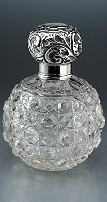 CUT GL. SPHERICAL SCENT PERFUME BOTTLE, SILVER TOP