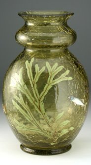 c.1900 MOSER CRACKLE GLASS VASE w. ENAMELLED FISH