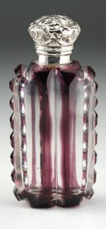 AMETHYST OVERLAY SCENT PERFUME BOTTLE, SILVER TOP