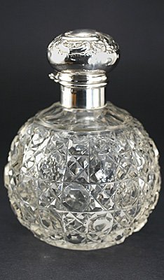 CUT GLASS SPHERICAL SCENT PERFUME BOTTLE SILVER TOP