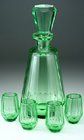 DECO GREEN GLASS DECANTER, 4 MATCHING GLASSES