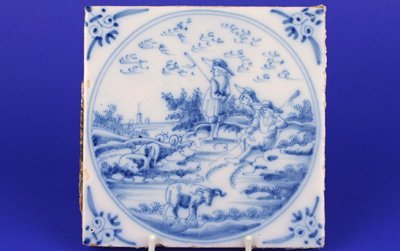 18th CENTURY DELFT BLUE & WHITE SHEPHERDS TILE