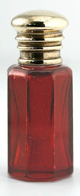 RUBY CUT GLASS SCENT PERFUME BOTTLE, BRASS TOP