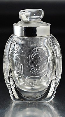 ENGRAVED CRYSTAL SCENT PERFUME BOTTLE, SILVER BAND