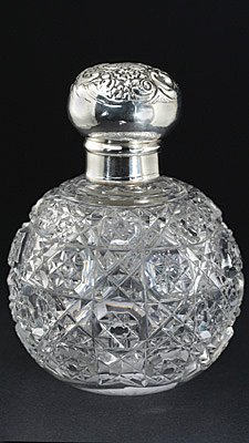 CUT GLASS TABLE SCENT PERFUME BOTTLE, SILVER TOP