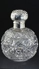 CUT GLASS TABLE SCENT PERFUME BOTTLE, SILVER TOP