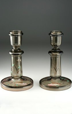 PAIR OF MOSER ENAMELED FISH CANDLESTICKS