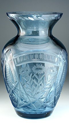 ART DECO AQUA BLUE CUT GLASS VASE, POSSIBLY RIEDEL