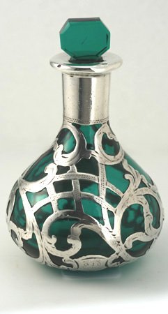 SILVER OVERLAY EMERALD GLASS SCENT PERFUME BOTTLE