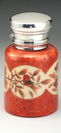 PAINTED PORCELAIN SCENT PERFUME BOTTLE, SILVER TOP