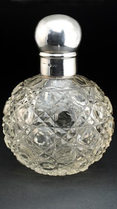 CRYSTAL SPHERICAL SCENT PERFUME BOTTLE, SILVER TOP