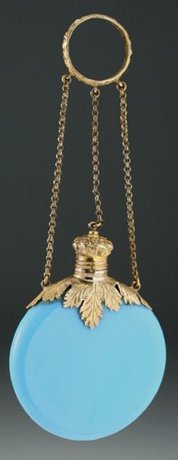 TURQUOISE OPALINE DISK SCENT PERFUME BOTTLE, GILT TOP