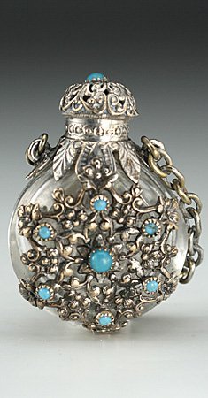 CUT GLASS SCENT PERFUME BOTTLE WITH TURQUOISE CABOCHONS