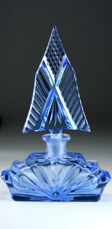 BLUE CZECH DECO CUT GLASS SCENT PERFUME BOTTLE