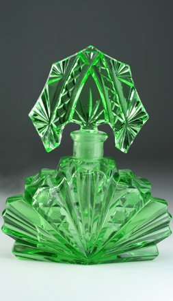 GREEN CZECH DECO CUT GLASS SCENT PERFUME BOTTLE